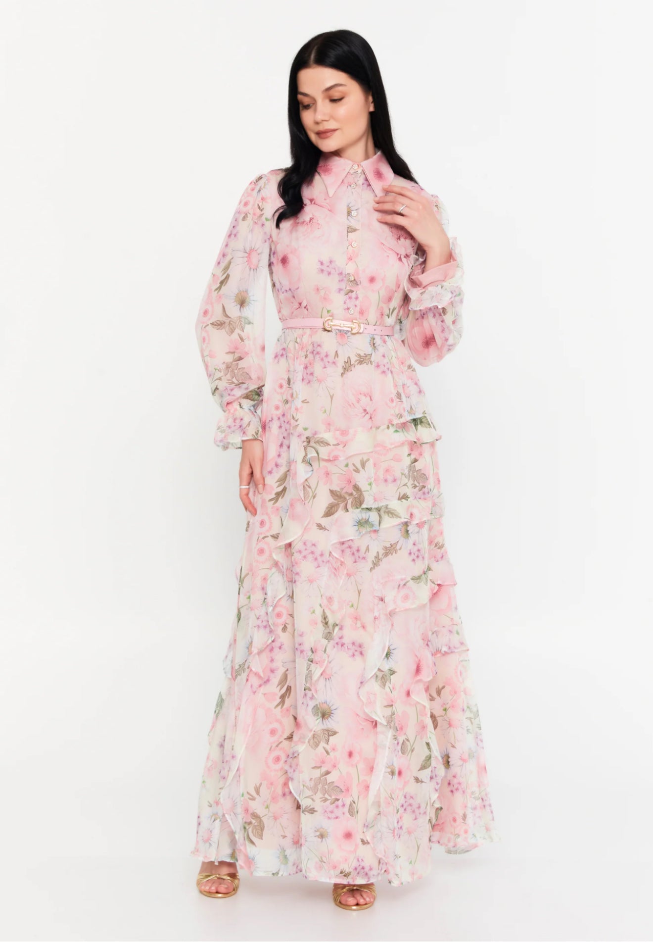 Long sleeve maxi chiffon column regular casual dress powder pink
