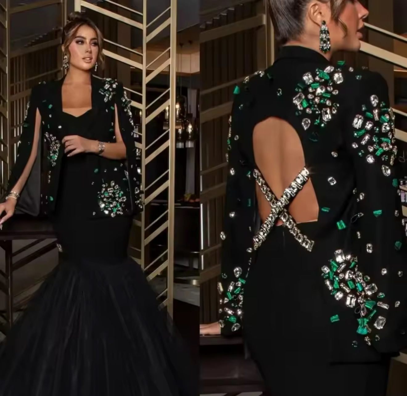 Evening Dresses Green Crystal Beads Prom Dresses Jacket