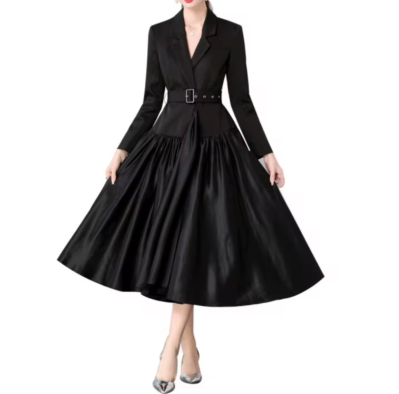 Elegant French Style Suit Dress   Splicing Midi Skirt.