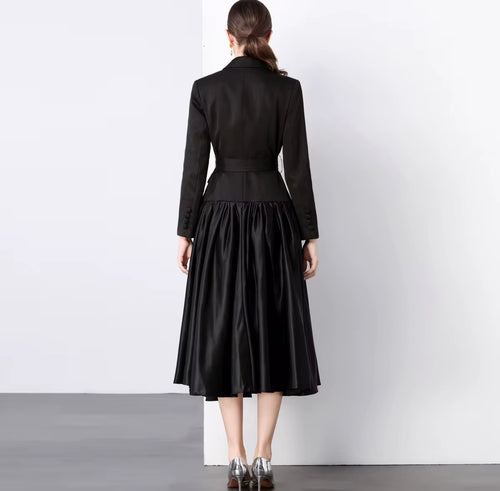 Elegant French Style Suit Dress   Splicing Midi Skirt.