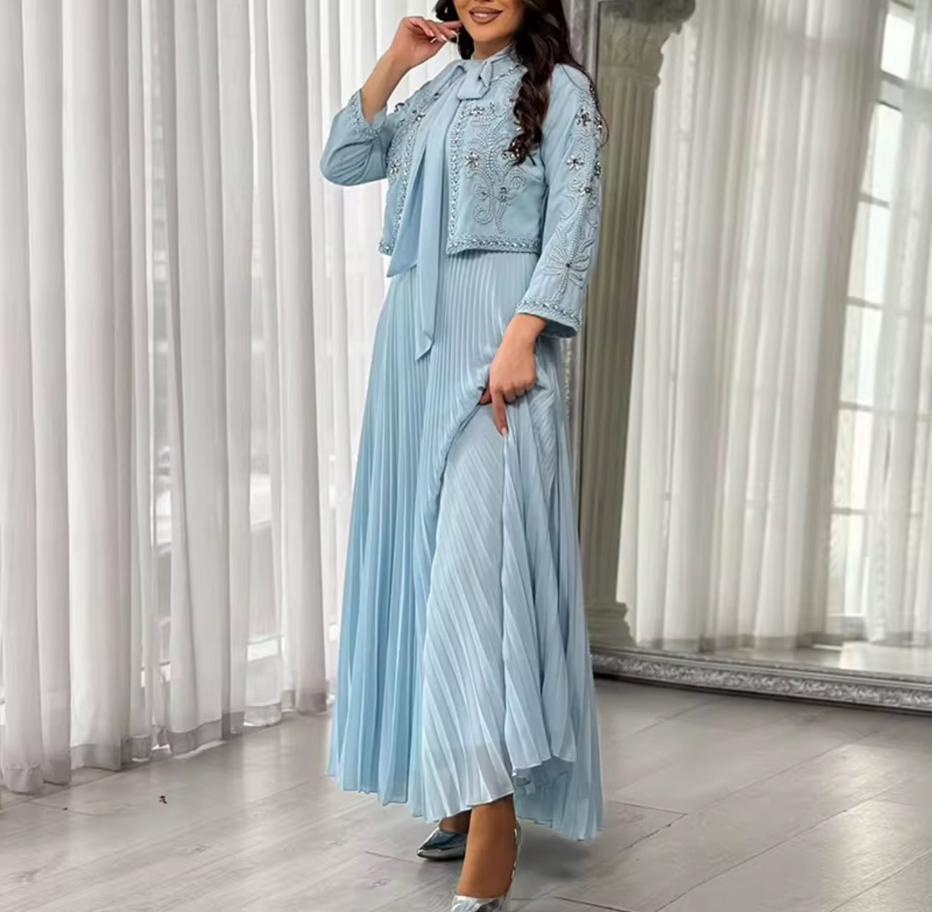 Two piece Jacket Sleeveless Pleated evening Dresses Elegant