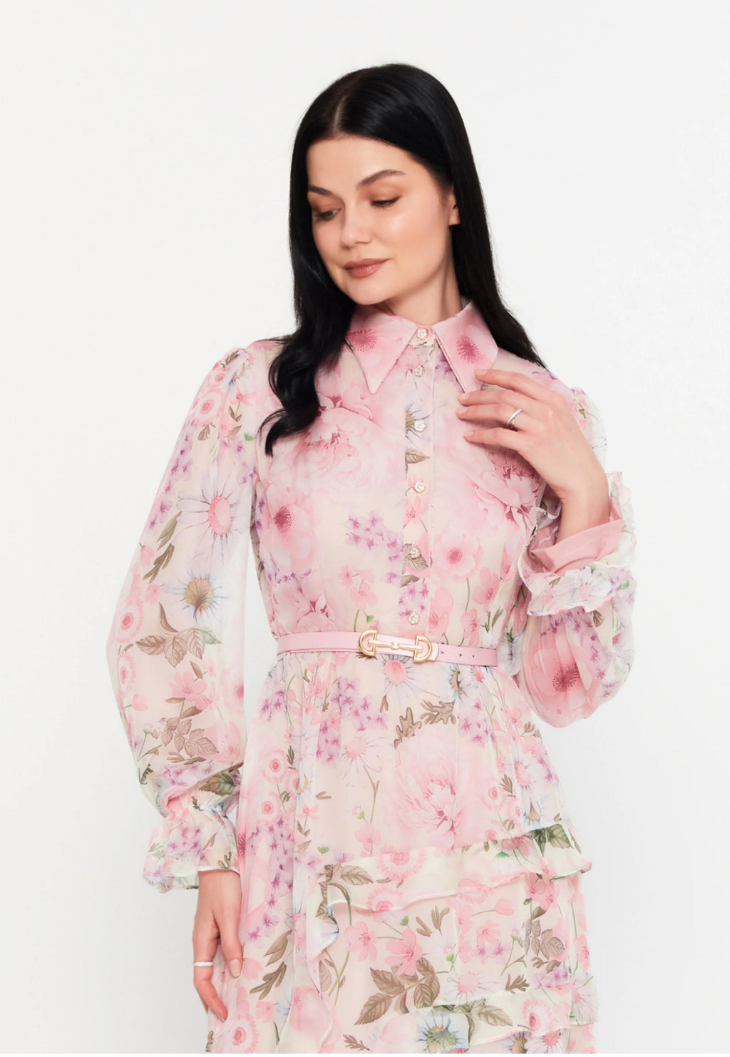 Long sleeve maxi chiffon column regular casual dress powder pink