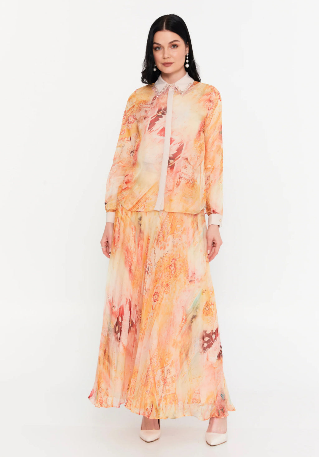Long sleeve chiffon regular three-piece outfit -Orange /36,38,40,42