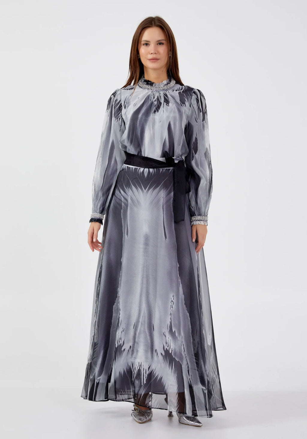 Long Sleeve Chiffon Patterned Regular Two-Piece Outfit