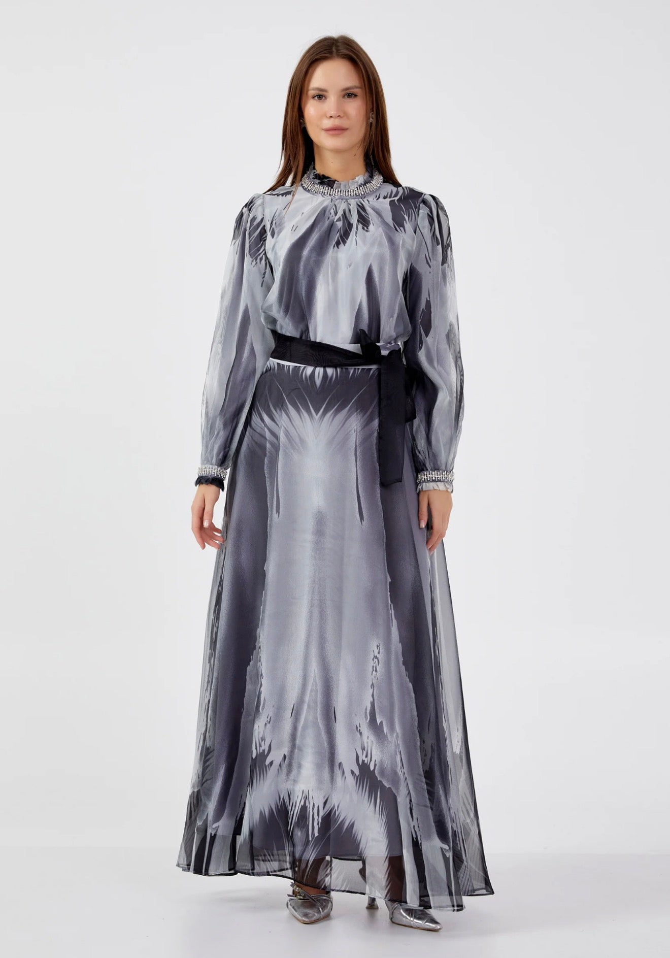 Long Sleeve Chiffon Patterned Regular Two-Piece Outfit