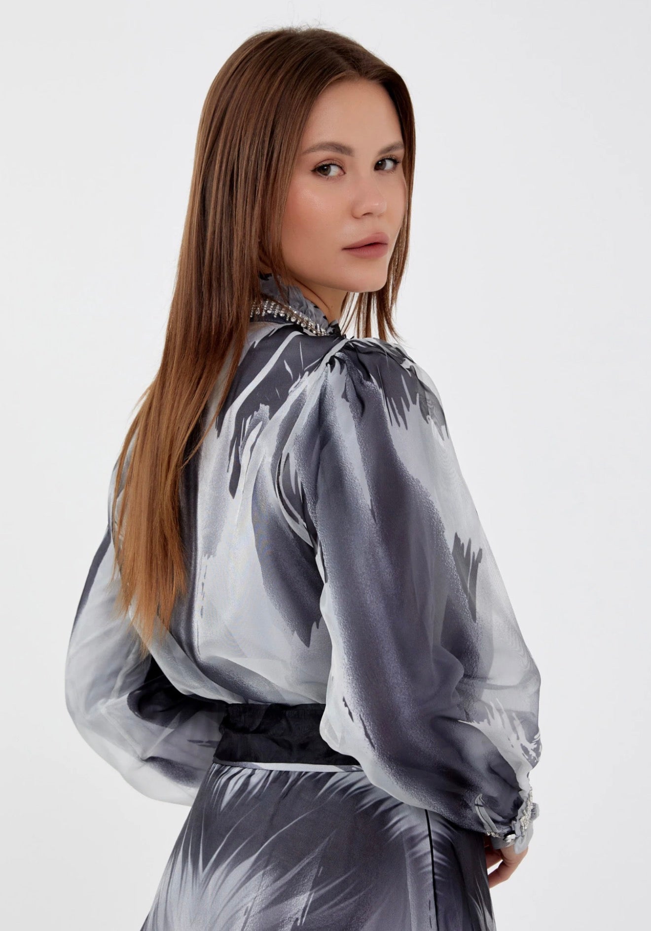Long Sleeve Chiffon Patterned Regular Two-Piece Outfit