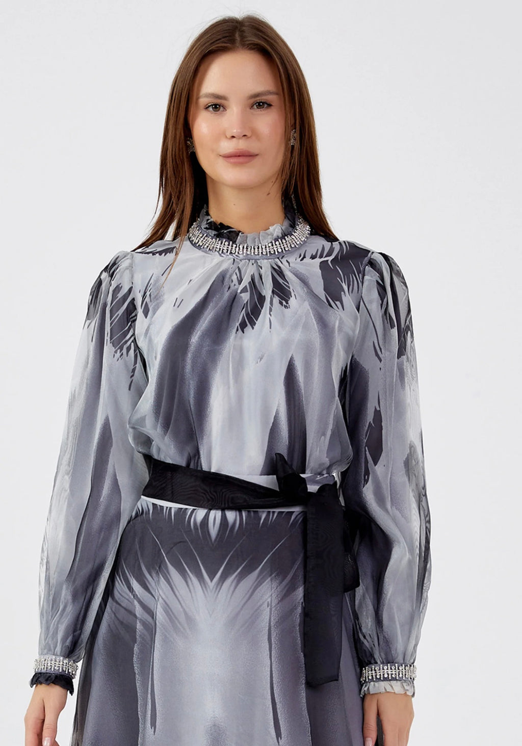 Long Sleeve Chiffon Patterned Regular Two-Piece Outfit