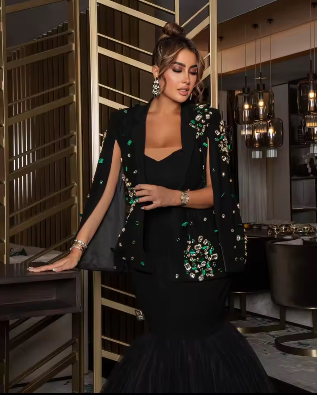 Evening Dresses Green Crystal Beads Prom Dresses Jacket