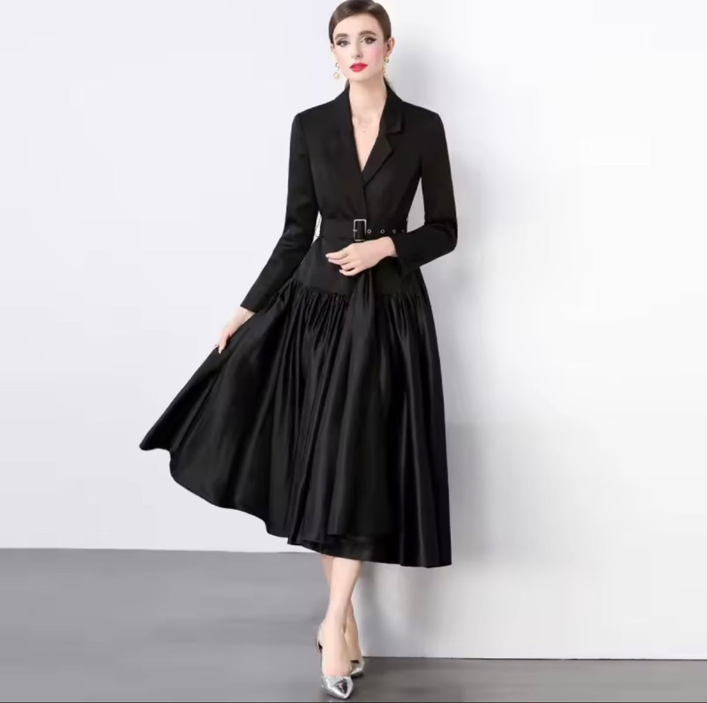 Elegant French Style Suit Dress   Splicing Midi Skirt.