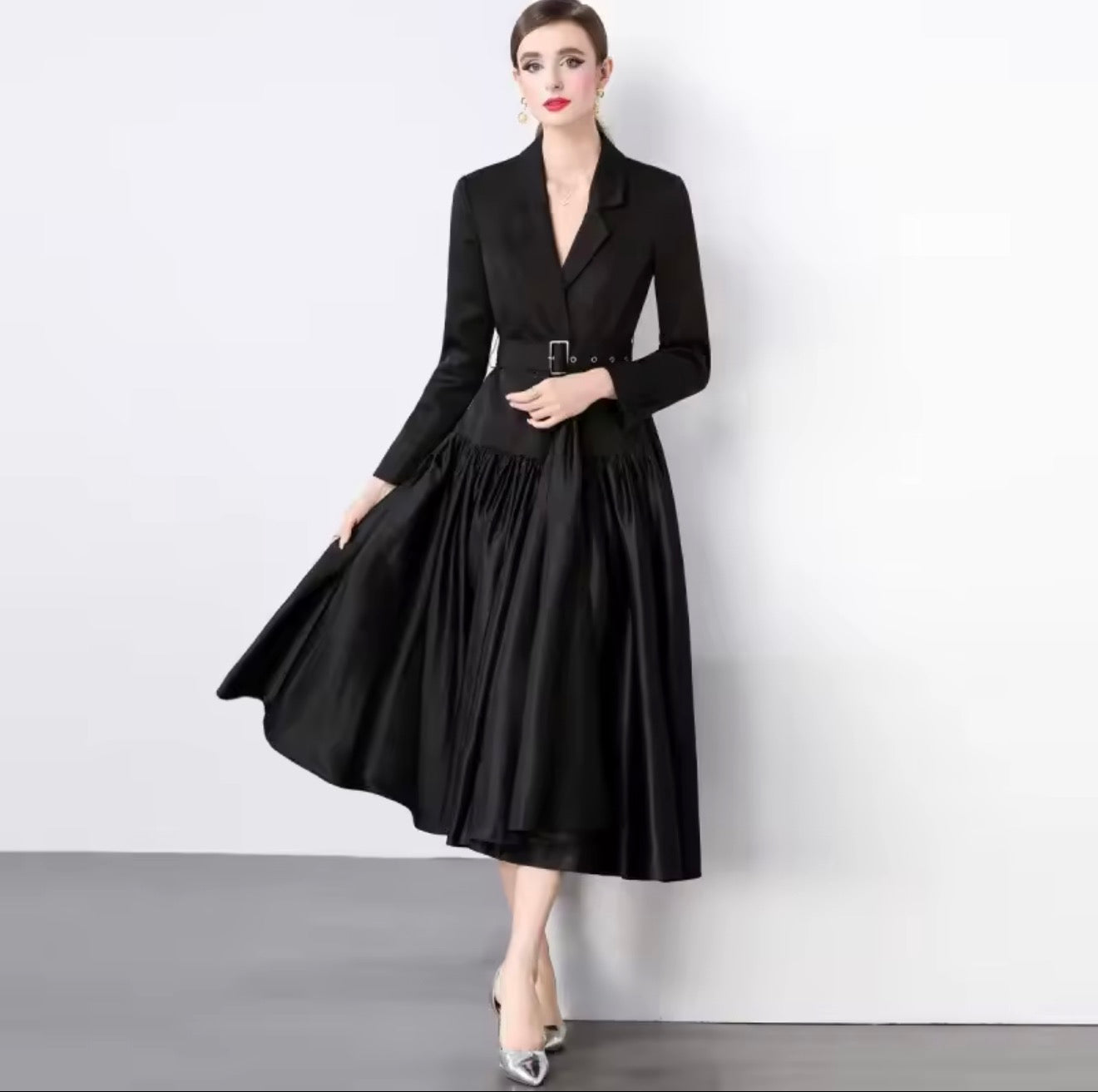 Elegant French Style Suit Dress   Splicing Midi Skirt.