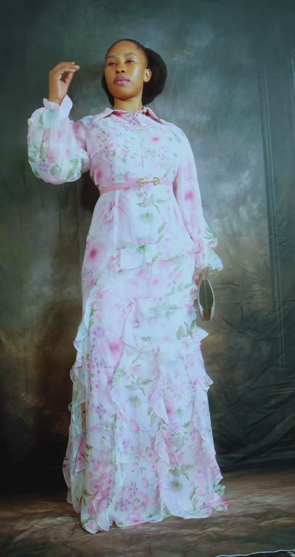 Long sleeve maxi chiffon column regular casual dress powder pink